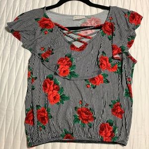 A stripped shirt with roses